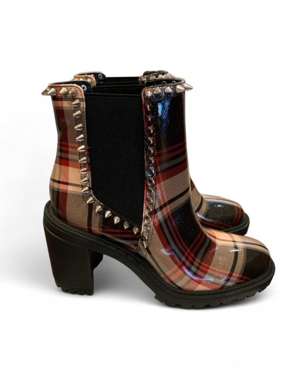 Plaid Patent Leather Studded Chelsea Boot - Red/Black